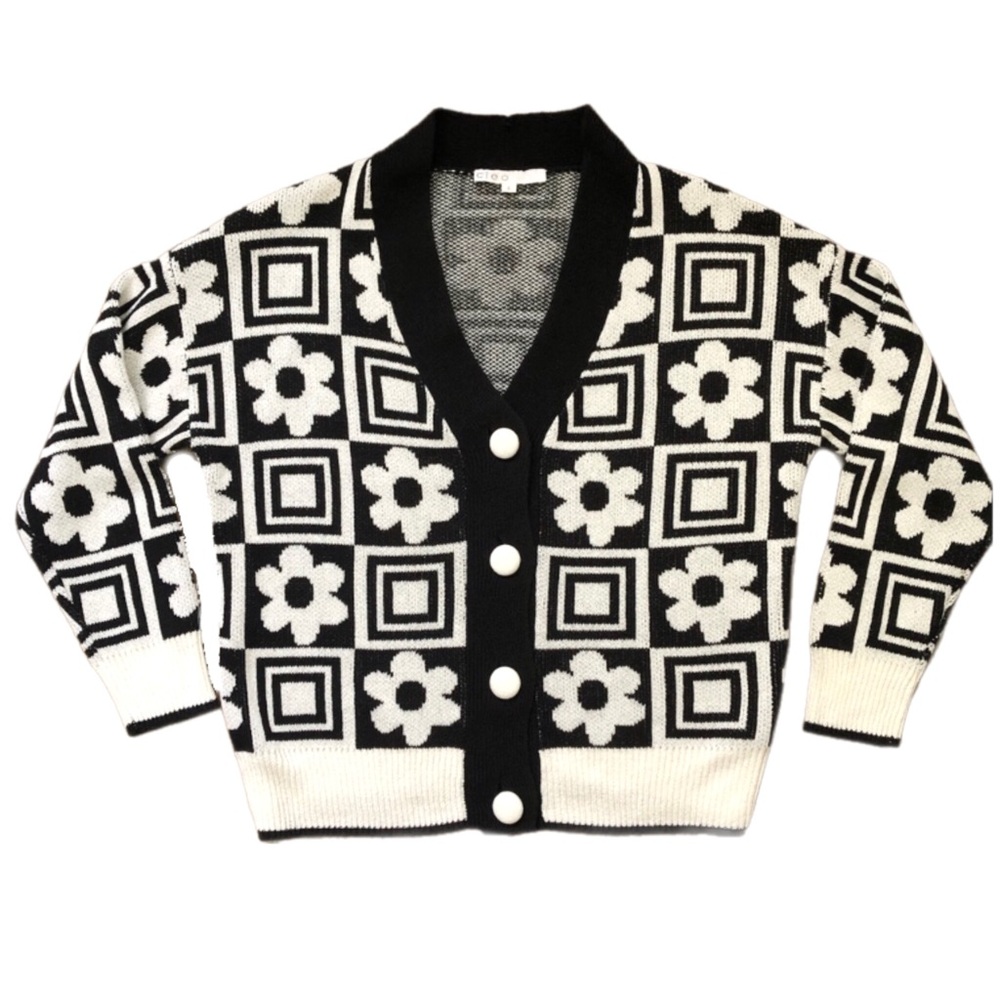 Cleo Black & White Knit Floral Cardigan